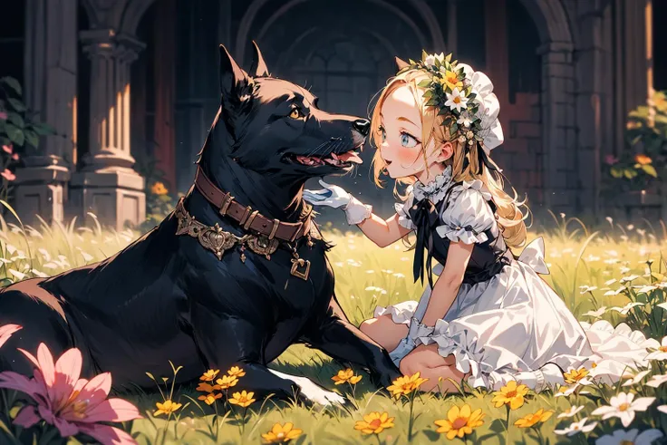 absurdres , highres, ultra detailed, (child 1girl:1.3) (leaning oversized animal 1dog:1.2), BREAK, a minigirl, blonde hair, clear blue eyes, french braid, parted bangs, forehead, rococo white dress, silk gloves, bonnet, kneeling, BREAK, a black dog, yellow eyes, Decorated, head wreath, BREAK, flower field, BREAK, <lora:add_detail:0.4>, <lora:Silicon-landscape-isolation:1>, <lora:GoodHands-vanilla:1>,