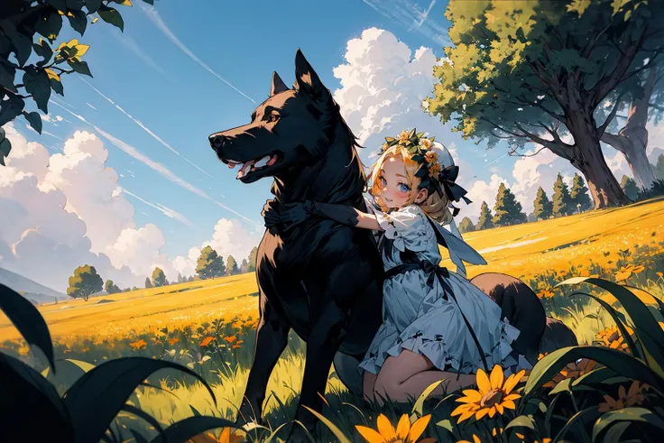 absurdres , highres, ultra detailed, (child 1girl:1.3) (leaning oversized animal 1dog:1.2), BREAK, a minigirl, blonde hair, clear blue eyes, french braid, parted bangs, forehead, rococo dress, silk gloves, bonnet, kneeling, BREAK, a black dog, yellow eyes, Decorated, head wreath, BREAK, flower field, outdoors, BREAK, <lora:add_detail:0.4>, <lora:Silicon-landscape-isolation:1>, <lora:GoodHands-vanilla:1>,