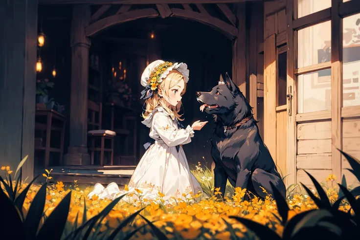 absurdres , highres, ultra detailed, (child 1girl:1.3) (leaning oversized animal 1dog:1.2), BREAK, a minigirl, blonde hair, clear blue eyes, french braid, parted bangs, forehead, embroidery, rococo dress, long sleeves, silk, bonnet, kneeling, BREAK, a black dog, yellow eyes, Decorated, head wreath, BREAK, flower field, BREAK, <lora:add_detail:0.4>, <lora:Silicon-landscape-isolation:1>, <lora:GoodHands-vanilla:1>,
