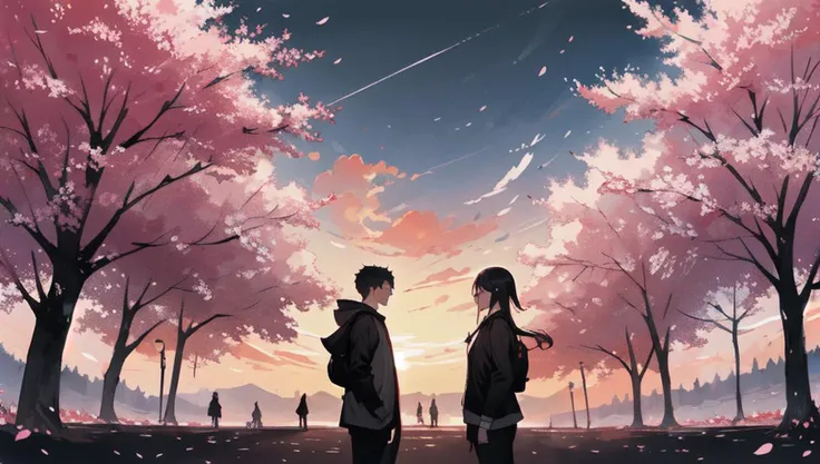 absurdres, shadows, cinematic lights, 8k, masterpiece, art, landscape, sunset, sunbeam, cherry blossoms, symmetrically, people
