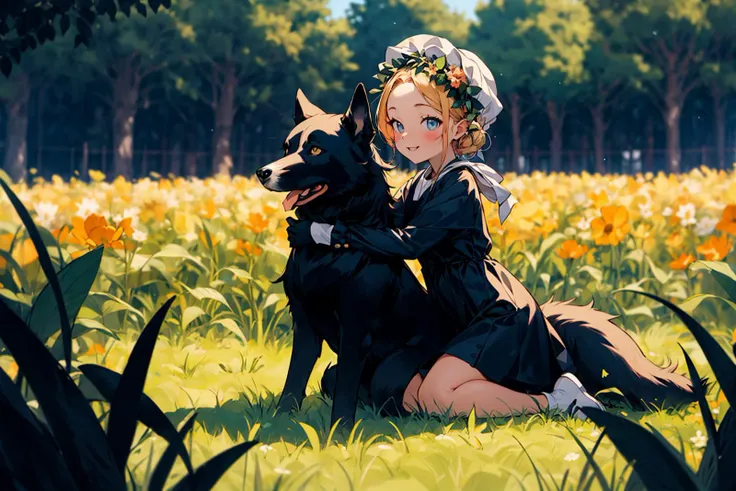 absurdres , highres, ultra detailed, ( 1girl:1.3) (leaning oversized animal 1dog:1.2), BREAK, a minigirl, blonde hair, clear blue eyes, french braid, parted bangs, forehead, rococo dress, silk gloves, bonnet, kneeling, BREAK, a black dog, yellow eyes, Decorated, head wreath, BREAK, flower field, outdoors, BREAK, <lora:add_detail:0.4>, <lora:Silicon-landscape-isolation:1>, <lora:GoodHands-vanilla:1>,