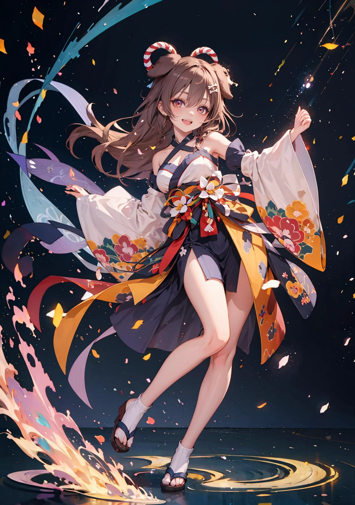 masterpiece,best, quality, high resolution, light particles,
1girl, full body, little body, female, highlight, fantasy scenery,
smile, head tilt, open mouth,
shiny skin, shiny hair, small breasts,
upright straddle
koronenewyears, kimono, japanese clothes, floral print, detached sleeves, wide sleeves, halterneck, bone hair ornament, hair ornament, dog tail
<lora:korone:0.7>
stage, stage lights, dynamic pose, smile, detailed background, floating hair,
<lora:light powder:0.7>
