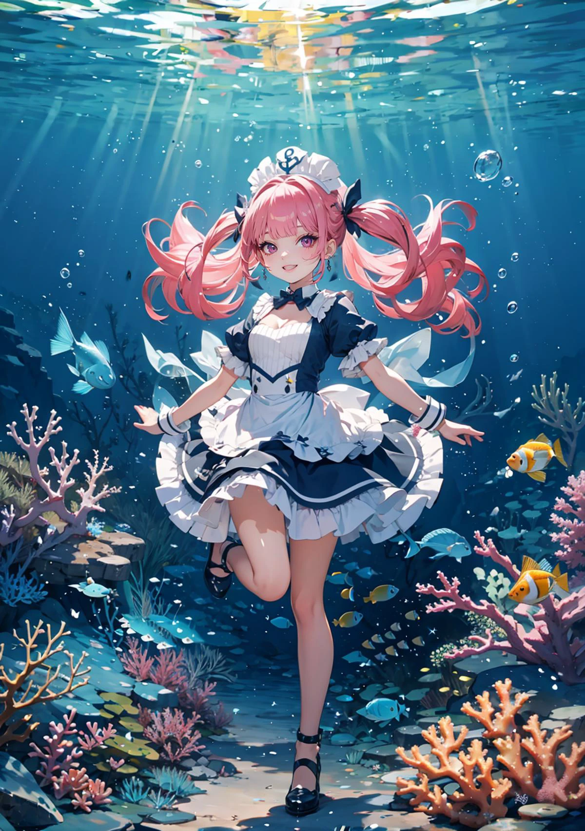 masterpiece,best, quality, high resolution, light particles,
1girl, full body, little body, female, highlight, fantasy scenery,
smile, winking,
shiny skin, shiny hair, small breasts,
aaaqua, twintails, drill hair, maid headdress, cleavage, short sleeves, wrist cuffs
<lora:minato_aqua_v1:0.7>
outdoors, underwater, sunlight, air bubble, coral, jellyfish, fish, coral reef,
<lora:light powder:0.7>