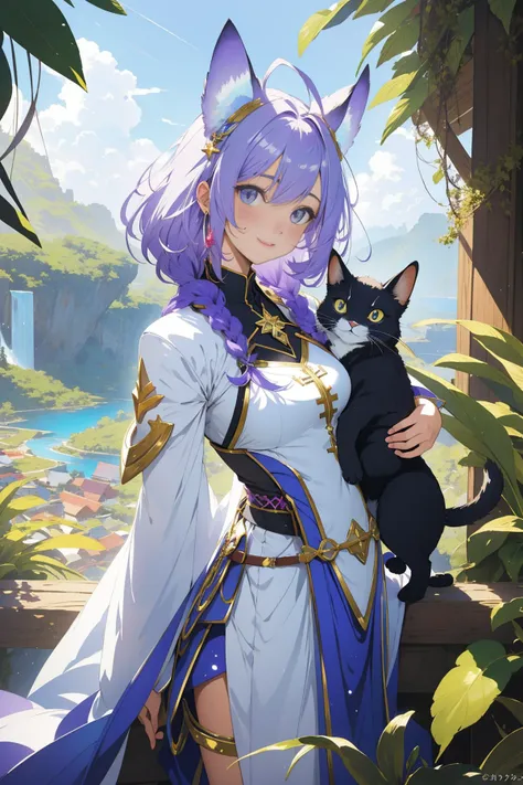 1girl, professional fairy tale, Astropunk, hyper detailed, ground level shot of a Unreal Organic well-endowed [Venezuelan:Fijian:16] ([Haruki|Ulf]:1.3) , he is with a Korat Cat, he is chuckling as a Rapper, majestic, wearing Colorful, the Rapper has [Inventive|Candid] hair, the Rapper has a Deeply Thoughtful Cottagecore Cyan Amphibian Eyes, Bone helmet, Palauan hillside and White dwarf in background, at Overcast, shallow depth of field, Cel shaded, Peaceful, Light and shadow plays, F/14, Low Contrast, Plain white background, Cross Processing, most magnificent in the world, appealing Lavender colored eyes, lots of details, pixiv, fantastical, highly detailed