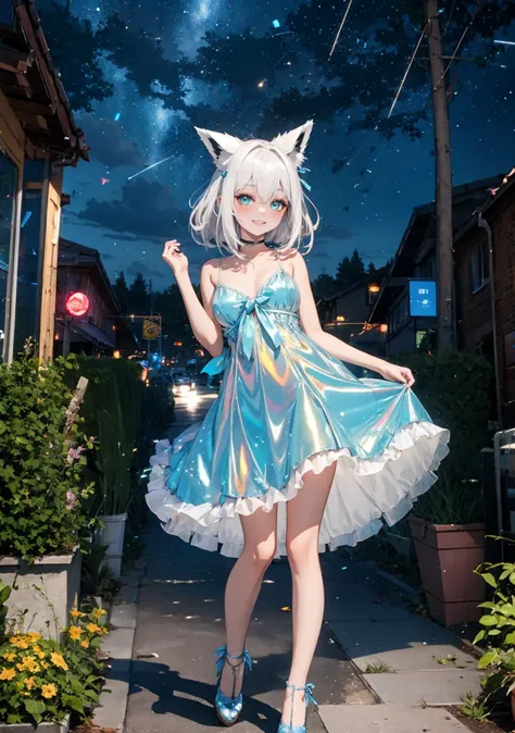 masterpiece best quality high resolution light particles Growing
1girl gyaru full body, shiny skin shiny hair small breasts
smile, blush,
pose
fubuki, Ribbon
fox ears, (fox tail:1.2)
<lora:light powder:0.5>
petticoat/half slip
Mini dress
holographic, holographic clothing, 
outdoors, fantasy scenery, sky, cloud, light particles, star (sky), building, tree, glowing, starry sky, city, night,
 <lora:shirakami_fubuki_9_outfits:0.7> <lora:holov7:0.7>