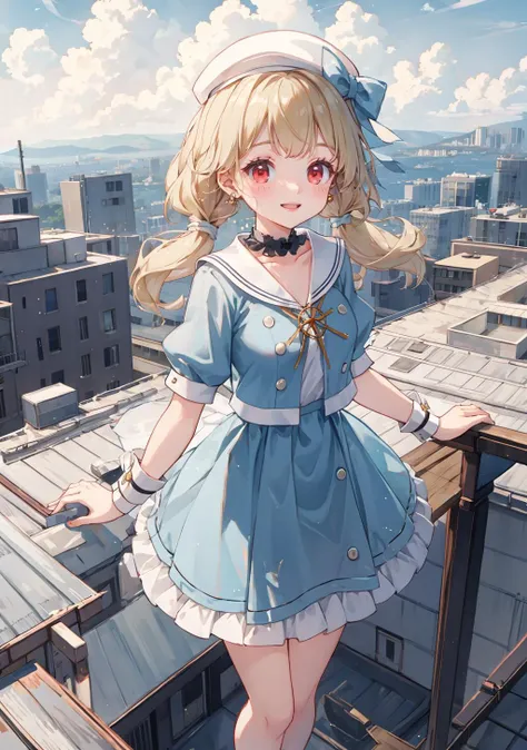 masterpiece best quality high resolution
1girl full body breasts
smile,
<lora:light powder:0.5>
outdoors, rooftop, cloudy sky, cityscape,
<lora:matcha:0.5>
short twintails, braid, beret, white headwear, hat bow, choker, sailor collar, blue dress, short sleeves, wrist cuffs
aatoto, Blonde hair, red eyes, wavy hair
<lora:kogara_toto_1:0.7>