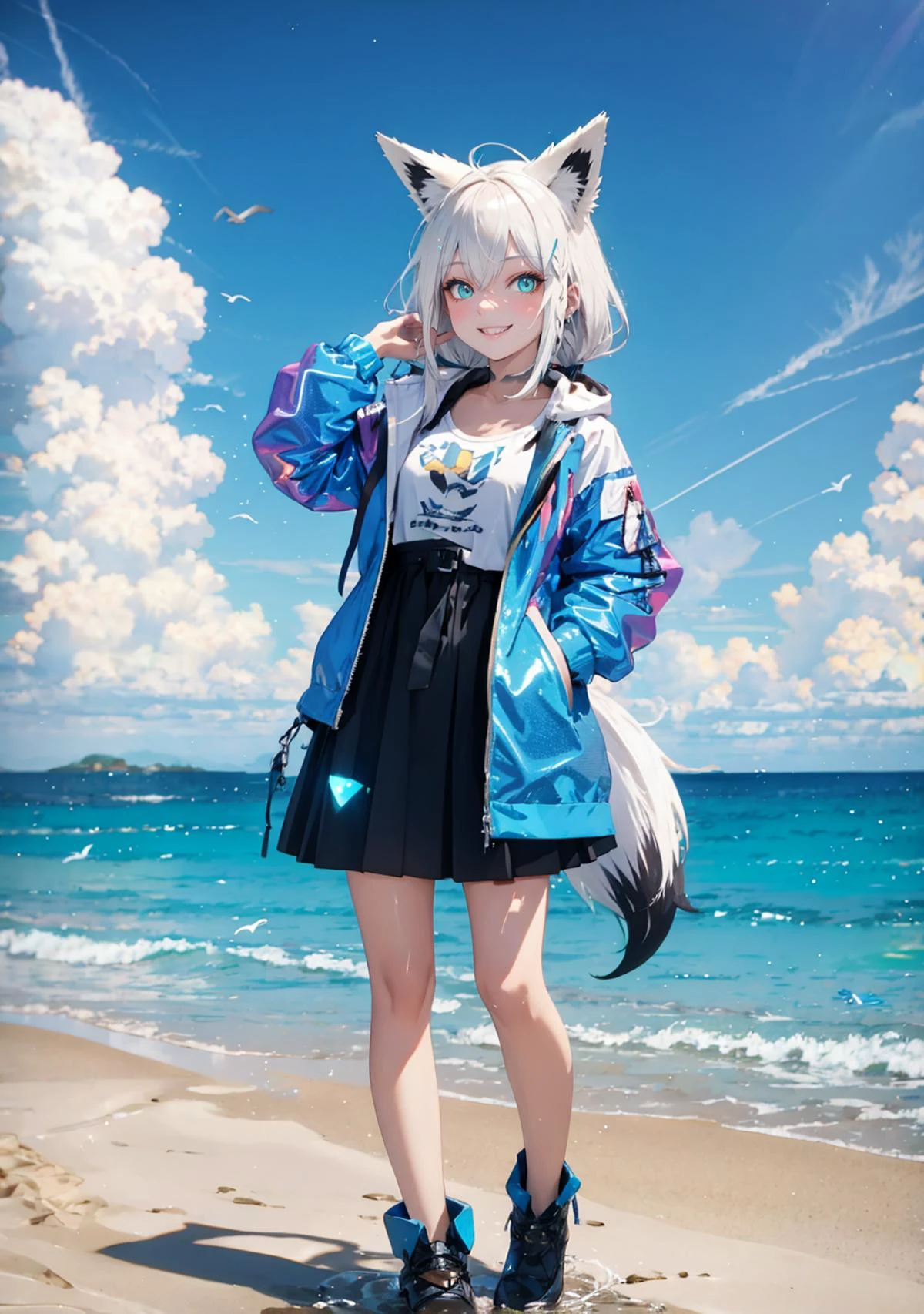 masterpiece best quality high resolution light particles Growing
1girl gyaru full body, shiny skin shiny hair small breasts
smile, smug troll face
pose
fubuki, Ribbon
fox ears, (fox tail:1.2)
<lora:light powder:0.5>
checked skirt
Performance jacket
holographic, holographic clothing,
outdoors, fantasy_cloud, scenery, sky, fantasy_ocean, day, watercraft, beach, water, horizon, fantasy cloudy sky, blue sky, sand, bird,
<lora:shirakami_fubuki_9_outfits:0.7> <lora:holov7:0.7>