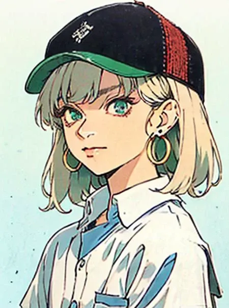 puparia style, anime screencap, 1990s_\(style\),(((old school style))),
masterpiece, best quality,
1girl, aqua eyes, baseball cap, blonde hair, closed mouth, earrings, green background, hat, hoop earrings, jewelry, looking at viewer, shirt, short hair,
(((simple background))), solo,upper body, ((school uniform )),<lora:puparia_style_offset:1.25>