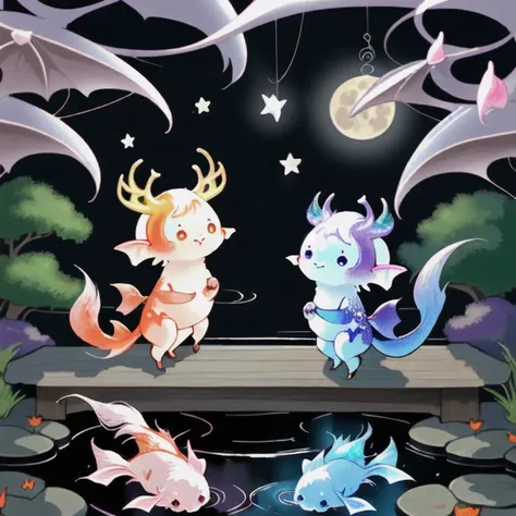 koi pond cute (magic:1.0) colorful bats ghosts deer stars moon night rainbow