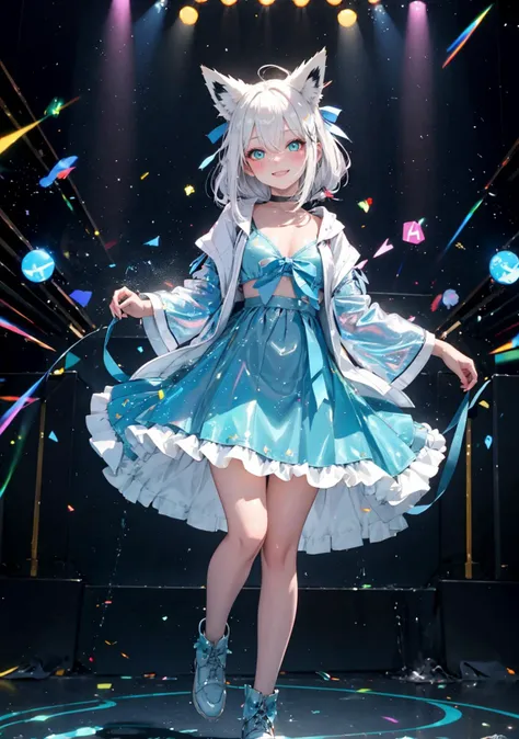 masterpiece best quality high resolution light particles Growing
1girl gyaru full body, shiny skin shiny hair small breasts
smile, full-face blush heavy breathing
pose
fubuki, Ribbon
fox ears, (fox tail:1.2)
<lora:light powder:0.5>
A-line skirt
anorak
holographic, holographic clothing, 
stage, stage lights, dynamic pose, smile, detailed background, floating hair,
 <lora:shirakami_fubuki_9_outfits:0.7> <lora:holov7:0.7>