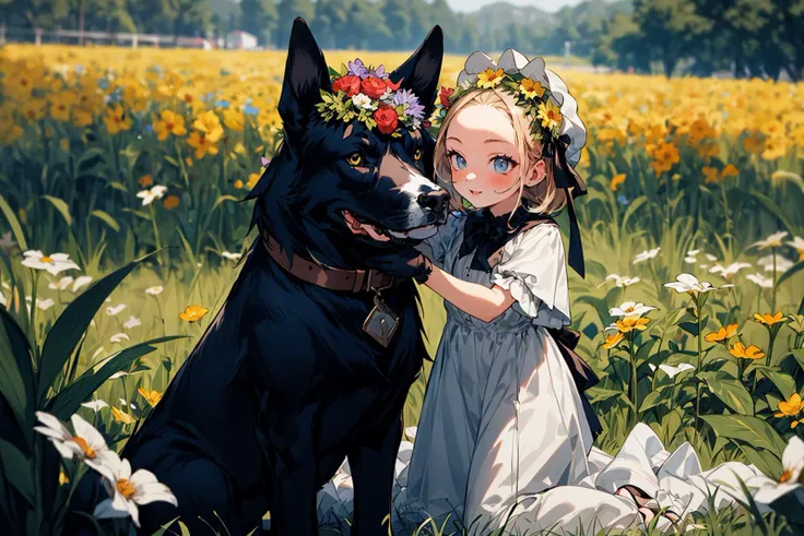 absurdres , highres, ultra detailed, ( 1girl:1.3) (leaning oversized animal 1dog:1.2), BREAK, a minigirl, blonde hair, clear blue eyes, french braid, parted bangs, forehead, rococo white dress, silk gloves, bonnet, kneeling, BREAK, a black dog, yellow eyes, Decorated, head wreath, BREAK, flower field, BREAK, <lora:add_detail:0.4>, <lora:Silicon-landscape-isolation:1>, <lora:GoodHands-vanilla:1>,