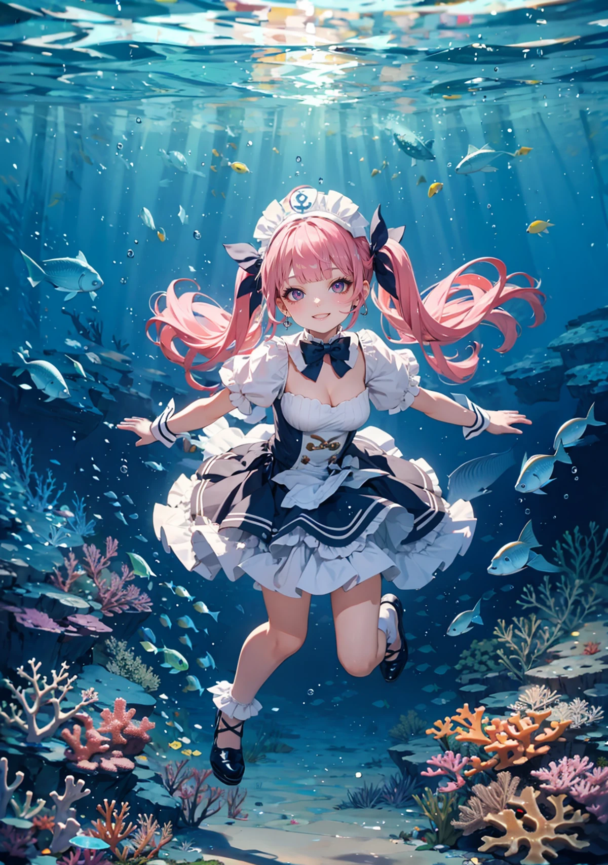 masterpiece,best, quality, high resolution, light particles,
1girl, full body, little body, female, highlight, fantasy scenery,
smile, winking,
shiny skin, shiny hair, small breasts,
aaaqua, twintails, drill hair, maid headdress, cleavage, short sleeves, wrist cuffs
<lora:minato_aqua_v1:0.7>
outdoors, underwater, sunlight, air bubble, coral, jellyfish, fish, coral reef,
<lora:light powder:0.7>