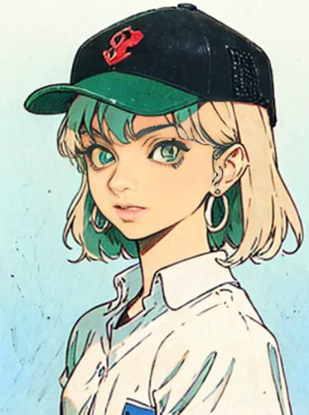 puparia style, anime screencap, 1990s_\(style\),
masterpiece, best quality,
1girl, aqua eyes, baseball cap, blonde hair, closed mouth, earrings, green background, hat, hoop earrings, jewelry, looking at viewer, shirt, short hair,
(((simple background))), solo,upper body, ((school uniform )),<lora:puparia_style_offset:1.25>