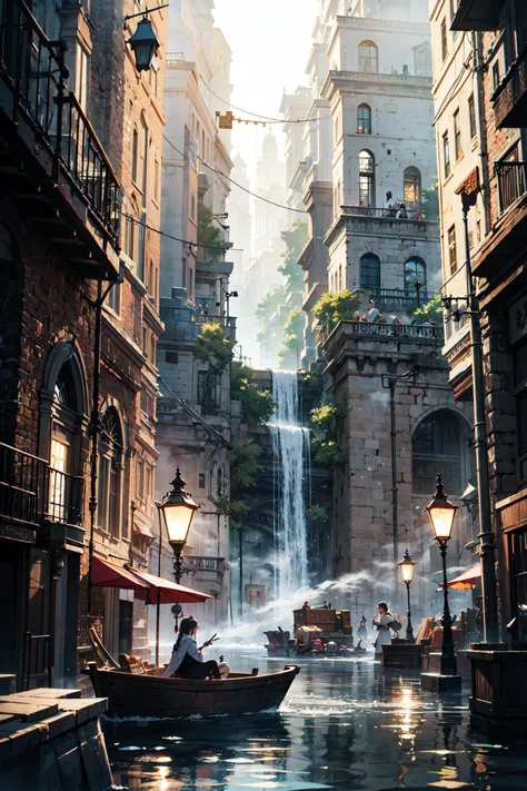 ((best quality, masterpiece, absurdres, super-resolution)) Twilight glow of a majestic waterfall, Wizard's marketplace with magical ingredients and mystical curiosities., COFFIN,origami body,Tattoo,Fog, indoor,Braided hair,water elementa