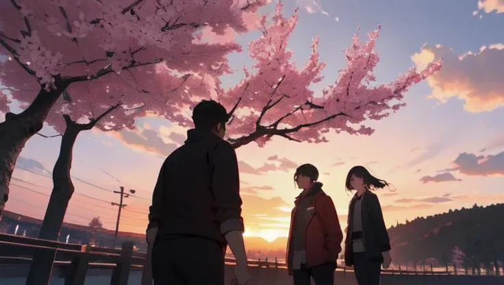 absurdres, shadows, cinematic lights, 8k, landscape, sunset, sunbeam, cherry blossoms, symmetrically, people
