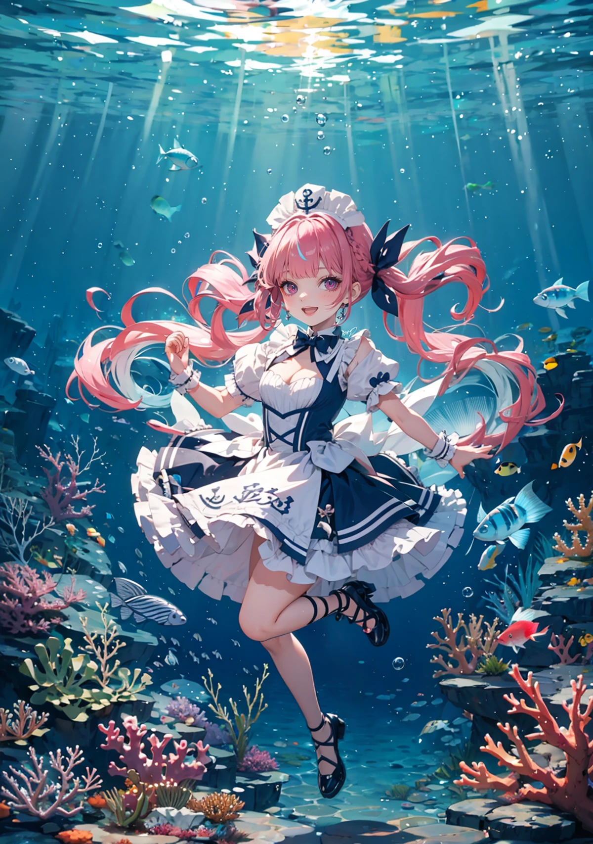 masterpiece,best, quality, high resolution, light particles,
1girl, full body, little body, child female, highlight, fantasy scenery,
smile, open mouth,
shiny skin, shiny hair, small breasts,
aaaqua, twintails, drill hair, maid headdress, cleavage, short sleeves, wrist cuffs
<lora:minato_aqua_v1:0.7>
outdoors, underwater, sunlight, air bubble, coral, jellyfish, fish, coral reef,
<lora:light powder:0.7>
