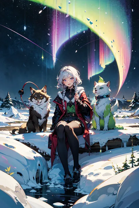 ((best quality, masterpiece, absurdres, super-resolution)) Mesmerizing northern lights in the Arctic, Celestial tea party hosted by mystical creatures on floating islands., Potions,Selfie,Nintendo, outdoor,Braided hair,lightning elementa