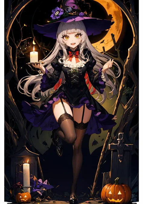 masterpiece best quality high resolution
1girl full body breasts
smile, open mouth,
<lora:light powder:0.5>
murasaki shion grey hair, yellow eyes, multicolored eyes, green eyes, blunt bangs
<lora:murasaki_shion_v1:0.7>
thighhighs, black legwear, garter straps, halloween costume, hat, jewelry, witch hat basketball, bat, broom riding, burning, candle, candy, castle, cross, fire, flame, ghost, glowing, grave, graveyard, halloween bucket, happy halloween, jack-o'-lantern, lantern, pumpkin, ring, spider web, sunset, tombstone, town, trick or treat,
<lora:west:0.7>