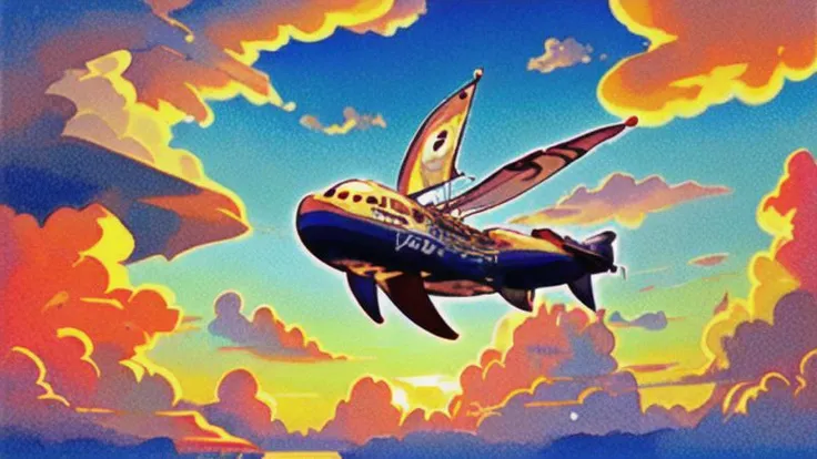 airship (dolphin:0.85) smile sunset clouds, cute, colorful