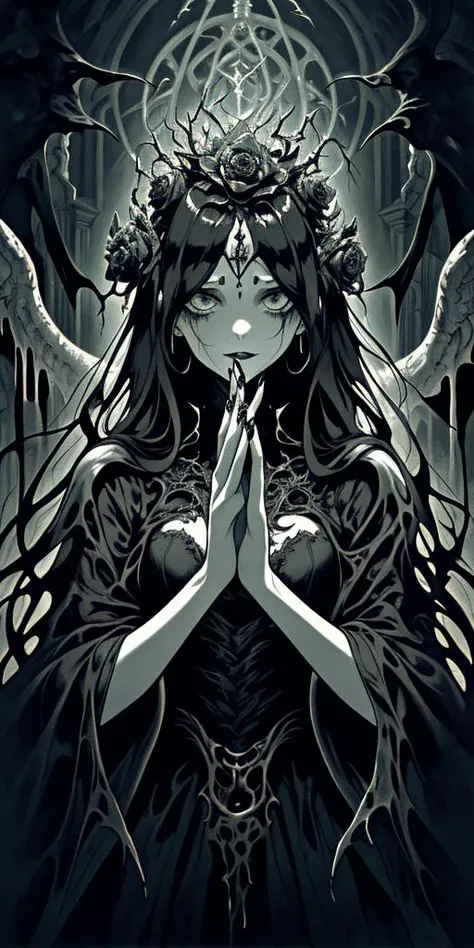 close up, upper body, Translucent skin, intense stare, baroque gown, macabre scenery, grotesque creatures, elongated fingers, dim illumination, dark palette, elaborate hairpiece, occult symbols, crumbling edifices, haunting visage, detailed brushstrokes, uncanny atmosphere.
