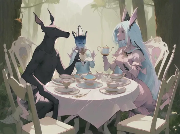 magical tea party for non-human friends, fantastic transformations, graphic design