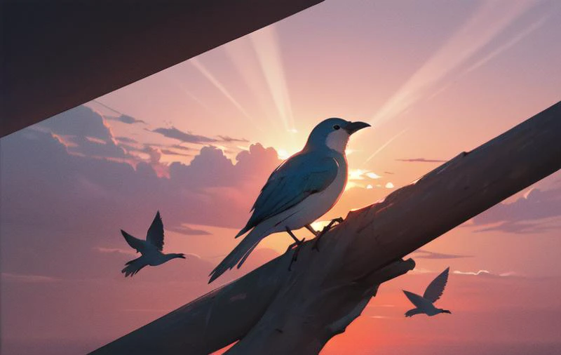 absurdres, shadows, cinematic lights, 8k, high quality, masterpiece, art, sunset, sunbeam, cherry blossoms, a bird, colored bird