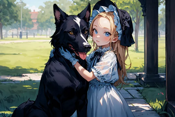 absurdres , highres, ultra detailed, ( 1girl:1.3) (leaning oversized animal 1dog:1.2), BREAK, a minigirl, blonde hair, clear blue eyes, french braid, parted bangs, forehead, rococo dress, silk gloves, bonnet, BREAK, a black dog, yellow eyes, Decorated, BREAK, lawn, BREAK, <lora:add_detail:0.4>, <lora:Silicon-landscape-isolation:1>, <lora:GoodHands-vanilla:1>,