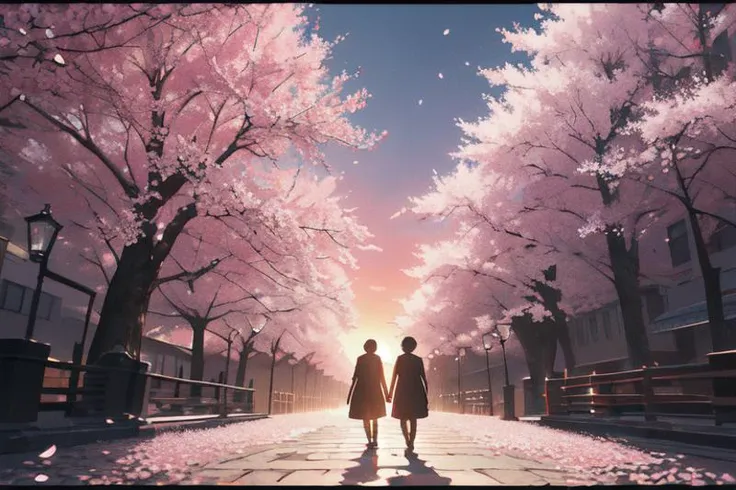 absurdres, shadows, cinematic lights, 8k, landscape, sunset, sunbeam, cherry blossoms, symmetrically, people