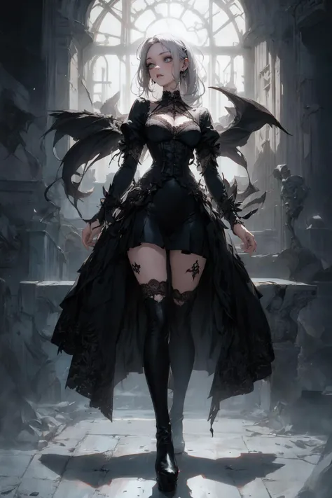 absurdres, highres, ultra detailed, (girl:1.3),
BREAK
, low-key lighting, moody ambiance, dark shadows, mysterious aura
BREAK
, gothic style, black clothing, lace accents, velvet fabrics, corsets, platform boots, silver jewelry
