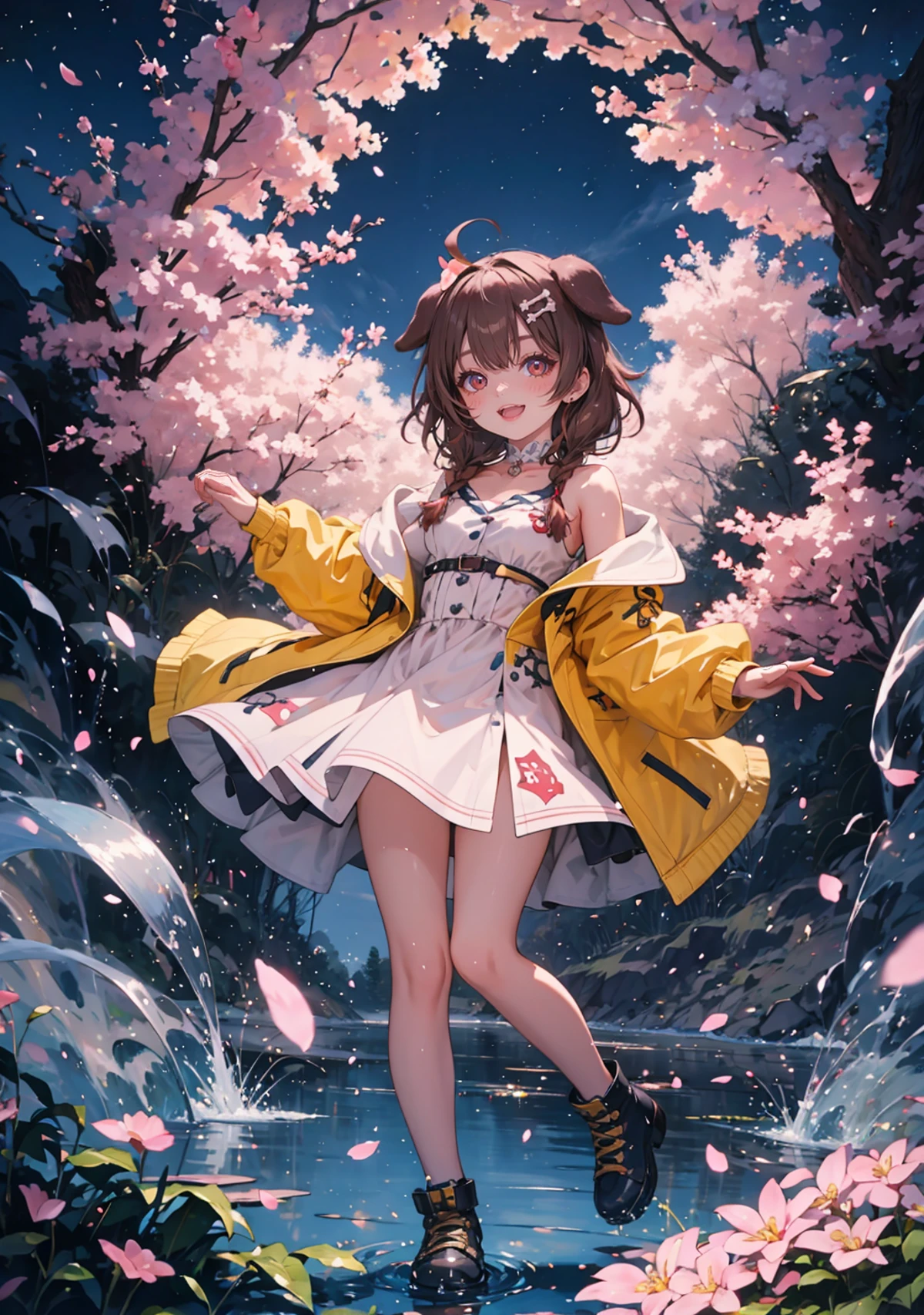 masterpiece,best, quality, high resolution, light particles,
1girl, full body, little body, female, highlight, fantasy scenery,
smile, open mouth,
shiny skin, shiny hair, small breasts,
dynamic pose
koronedefault, yellow jacket, white dress, off shoulder, animal collar, low twin braids, bone hair ornament, dog tail
<lora:korone:0.7>
outdoors, cherry blossoms night cloudy sky,
<lora:light powder:0.7>