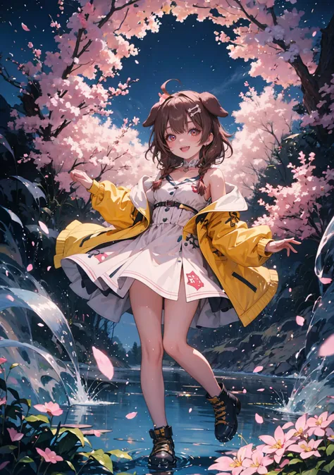 masterpiece,best, quality, high resolution, light particles, 
1girl, full body, little body, child female, highlight, fantasy scenery,
smile, open mouth,
shiny skin, shiny hair, small breasts,
dynamic pose
koronedefault, yellow jacket, white dress, off shoulder, animal collar, low twin braids, bone hair ornament, dog tail
 <lora:korone:0.7>
outdoors, cherry blossoms night cloudy sky,
<lora:light powder:0.7>