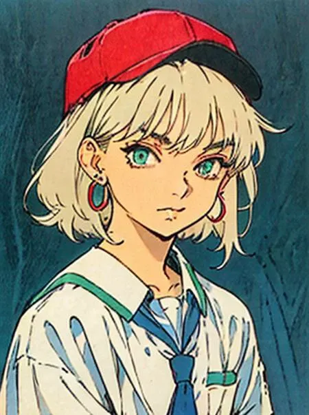 puparia style, anime screencap, 1990s_\(style\),(((old school style))),
masterpiece, best quality,
1girl, aqua eyes, baseball cap, blonde hair, closed mouth, earrings, green background, hat, hoop earrings, jewelry, looking at viewer, shirt, short hair,
(((simple background))), solo,upper body, ((school uniform )),<lora:puparia_style_offset:1.25>