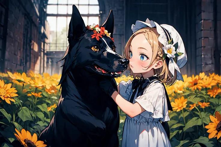 absurdres , highres, ultra detailed, ( 1girl:1.3) (leaning oversized animal 1dog:1.2), BREAK, a minigirl, blonde hair, clear blue eyes, french braid, parted bangs, forehead, rococo white dress, silk gloves, bonnet, BREAK, a black dog, yellow eyes, Decorated, head wreath, looking at another, BREAK, flower field, BREAK, <lora:add_detail:0.4>, <lora:Silicon-landscape-isolation:1>, <lora:GoodHands-vanilla:1>,