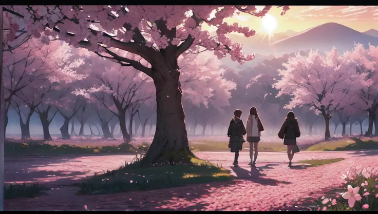 absurdres, shadows, cinematic lights, 8k, high quality, masterpiece, art, landscape, sunset, sunbeam, cherry blossoms, symmetrically, people
