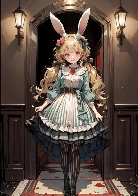 masterpiece best quality high resolution
1girl full body breasts
smile, open mouth,
<lora:light powder:0.5>
outdoors, cherry blossoms night cloudy sky,
DressAliceLolita vertical_stripes, frilled_dress, puffy_sleeves, pantyhose, rabbit_ears, flower, frills
aatoto, Blonde hair, red eyes, aatoto, long hair, (low twintails:1.2), hair ribbon, black ribbon, earrings, brooch,
<lora:kogara_toto_1:0.7> <lora:Loratrain:0.5>
indoors, scenery, red theme, guro, horror (theme), stairs, door, monster, hallway, blood, horror \(theme\), surreal