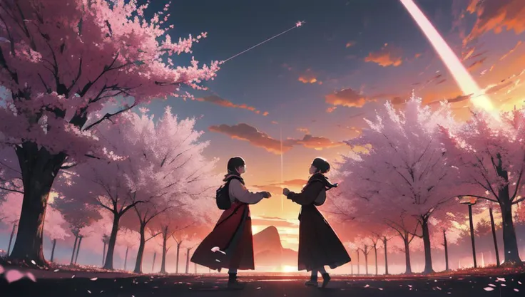 absurdres, shadows, cinematic lights, 8k, high quality, masterpiece, art, landscape, sunset, sunbeam, cherry blossoms, symmetrically, people
