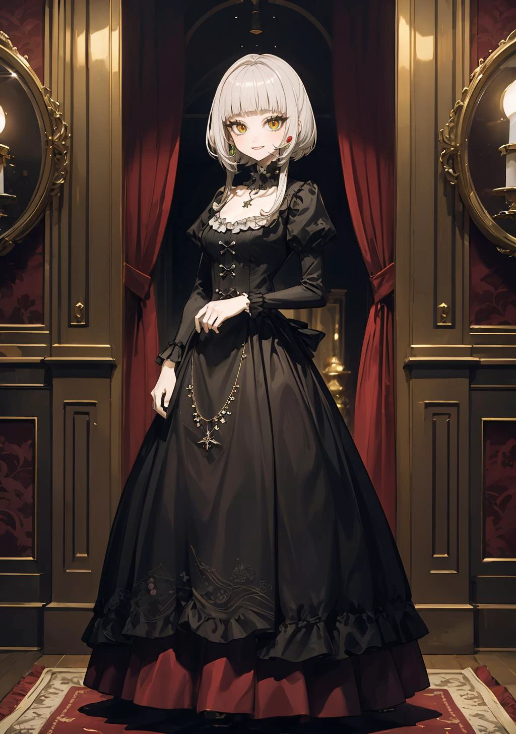 masterpiece best quality high resolution
1girl full body breasts
smile,
<lora:light powder:0.5>
murasaki shion grey hair, yellow eyes, multicolored eyes, green eyes, blunt bangs
<lora:murasaki_shion_v1:0.7>
indoors, (Ball gown:1.2), piercing, necklace, jewelry, A lavish mansion's grand staircase as the centerpiece, with plush red carpeting unfurling between ornate dark wood banisters. A young girl in a formal dress stands alone, her presence highlighted midway up the broad steps, capturing the opulence of the estate.
<lora:west:0.7>