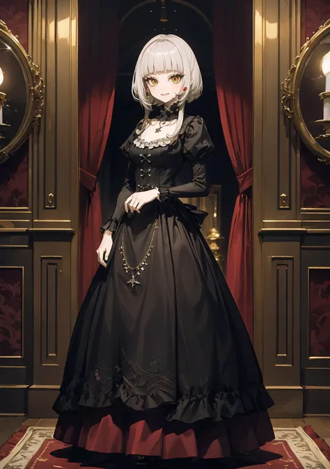 masterpiece best quality high resolution
1girl full body breasts
smile,
<lora:light powder:0.5>
murasaki shion grey hair, yellow eyes, multicolored eyes, green eyes, blunt bangs
<lora:murasaki_shion_v1:0.7>
indoors, (Ball gown:1.2), piercing, necklace, jewelry, A lavish mansion's grand staircase as the centerpiece, with plush red carpeting unfurling between ornate dark wood banisters. A young girl in a formal dress stands alone, her presence highlighted midway up the broad steps, capturing the opulence of the estate.
 <lora:west:0.7>