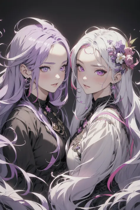 <lora:neg4all_bdsqlsz_V3.5:1> 2girls, long hair, detailed multicolored hair, white hair, purple hair, detailed black eyes, ((highly detailed eyes)), detailed face, beautiful face, masterpiece, high quality, high detail, artistic background, front view,