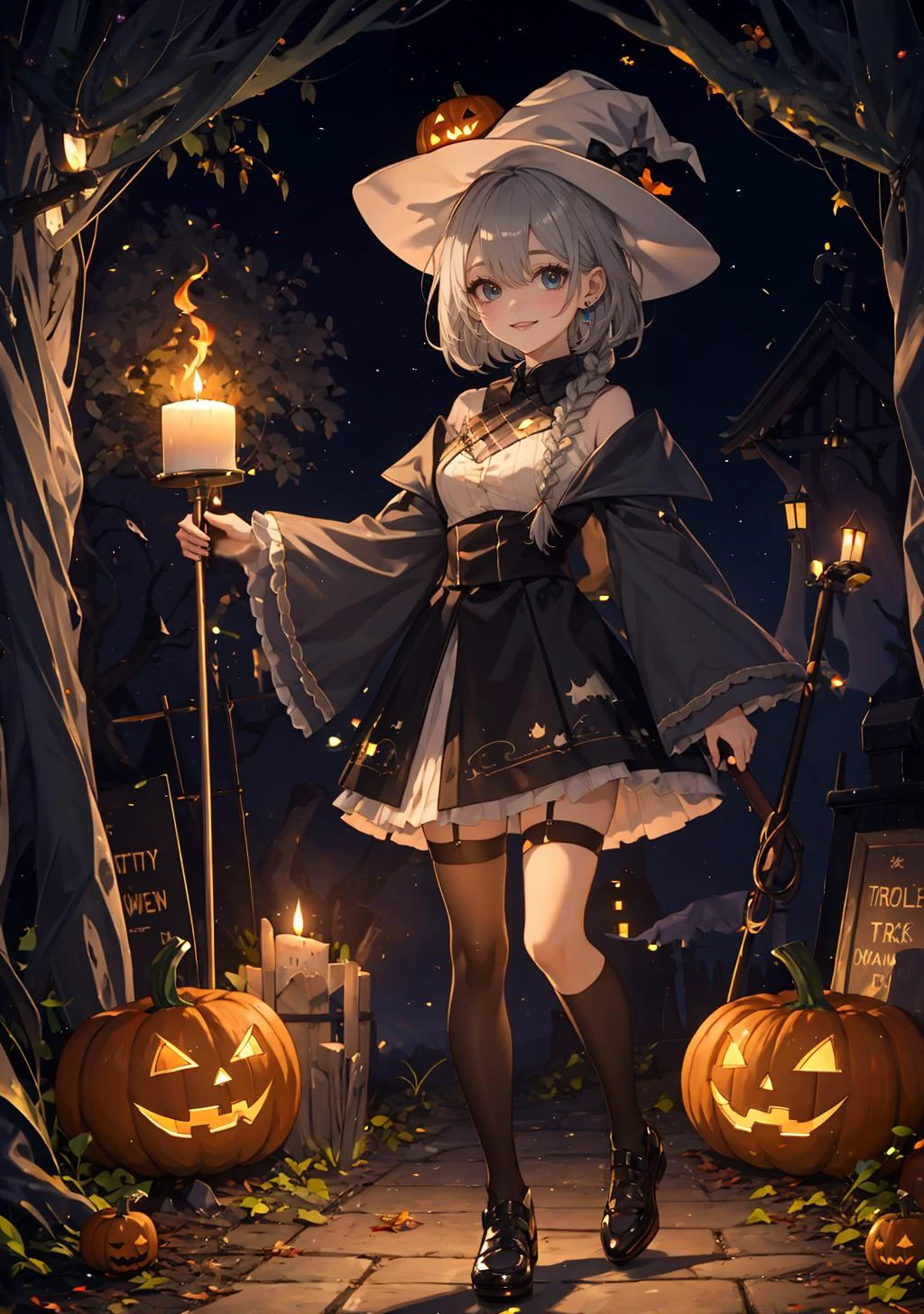 masterpiece,best, quality, high resolution, light particles,
1girl, full body, highlight, fantasy scenery,
smile,
short hair single braid
shiny skin, shiny hair, small breasts,
kaga sumire, cyan eyes grey hair earrings jewelry
<lora:kaga_sumire_v1:0.7>
thighhighs, black legwear, garter straps, halloween costume, hat, jewelry, witch hat basketball, bat, broom riding, burning, candle, candy, castle, cross, fire, flame, ghost, glowing, grave, graveyard, halloween bucket, happy halloween, jack-o'-lantern, lantern, pumpkin, ring, spider web, sunset, tombstone, town, trick or treat,
<lora:light powder:0.7>
<lora:west:0.5>