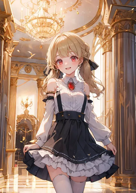 masterpiece best quality high resolution
1girl full body breasts
smile, open mouth,
<lora:light powder:0.5>
indoors, palace, chandelier, scenery, architecture, flag, arch, pillar, reflective floor,
<lora:matcha:0.5>
long hair, (low twintails:1.2), hair ribbon, black ribbon, earrings, brooch, bare shoulders, frills, white shirt, detached sleeves, suspenders, black skirt
aatoto, Blonde hair, red eyes, wavy hair
<lora:kogara_toto_1:0.7>