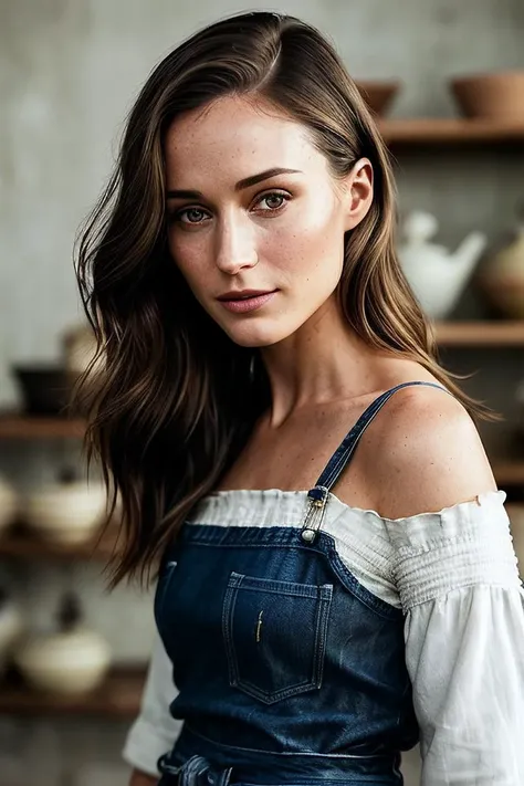 beautiful woman (EPS4nn4M4r1n3:.99), perfect hair, jewellery, ((portrait)), (closeup:1.2), ((from the waist up)), (((  A modern, minimalist pottery studio, filled with sleek pottery wheels and freshly-thrown ceramics :1.2 ))), natural skin texture,  ((  Fringe top and denim shorts :1.2)), 24mm, 4k textures, soft cinematic light, adobe lightroom, photolab, hdr, intricate, elegant, highly detailed, sharp focus, ((((cinematic look)))), soothing tones, insane details, intricate details, hyperdetailed, low contrast, soft cinematic light, exposure blend, hdr, faded, now, ("I've got a bad feeling about this.":1.1)