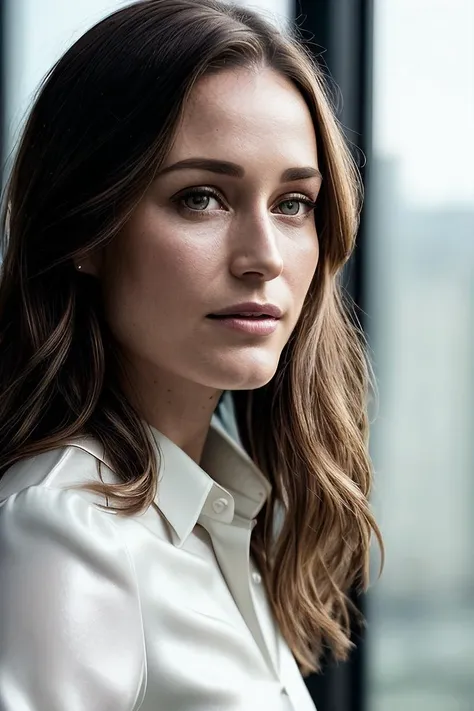 beautiful woman (EPS4nn4M4r1n3:.99), perfect hair, jewellery, ((portrait)), (closeup:1.2), ((from the waist up)), ((( A modern, minimalist office space, filled with natural light and sleek, contemporary furniture :1.2 ))), natural skin texture, (( Satin blouse and leather leggings :1.2)), 24mm, 4k textures, soft cinematic light, adobe lightroom, photolab, hdr, intricate, elegant, highly detailed, sharp focus, ((((cinematic look)))), soothing tones, insane details, intricate details, hyperdetailed, low contrast, soft cinematic light, exposure blend, hdr, faded, now, ("I've got a bad feeling about this.":1.1)