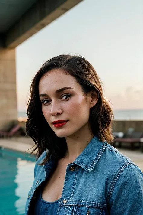 beautiful woman (EPS4nn4M4r1n3:.99),perfect hair, (bracelet:1.2), ((punk)), ((portrait)), (closeup:1.2), ((from the waist up)), ((( poolside   :1.2 ))), (red lipstick:1.2), (makeup:1.1), natural skin texture,  (( denim jacket :1.2)), 24mm, 4k textures, soft cinematic light, adobe lightroom, photolab, hdr, intricate, elegant, highly detailed, sharp focus, ((((cinematic look)))), soothing tones, insane details, intricate details, hyperdetailed, low contrast, soft cinematic light, exposure blend, hdr, faded, now, ("I've got a bad feeling about this.":1.1)