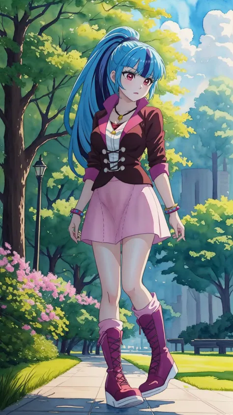 medium breasts,at a public park,water,watercolor \(medium\),masterpiece,HDR,intricate details,(anime painting:1.1),multicolored hair,<lora:mlp_sonatadusk-10:0.8>, mlpsonata,colored skin,blue skin,ponytail,jacket,skirt,boots,jewelry,bracelet,