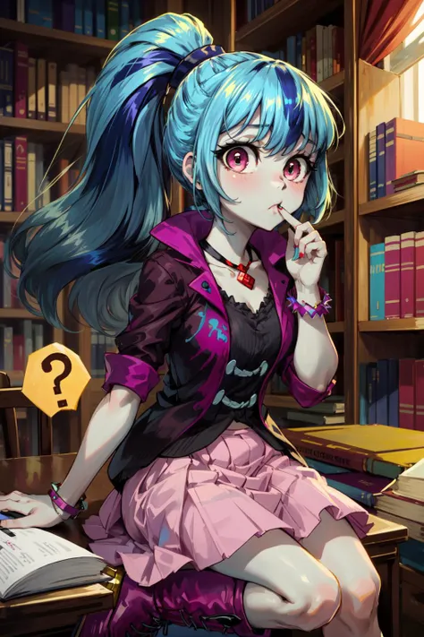 masterpiece,best quality,1girl,mlpsonata,blue hair,pink eyes,colored skin,blue skin,ponytail,jacket,skirt,boots,jewelry,bracelet,confused,finger to mouth,(spoken question mark),library,<lora:mlp_sonatadusk:1>,
