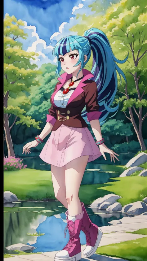 medium breasts,at a public park,watercolor \(medium\),masterpiece,HDR,intricate details,(anime painting:1.1),multicolored hair,<lora:mlp_sonatadusk-10:0.8>,mlpsonata,colored skin,blue skin,ponytail,jacket,skirt,boots,jewelry,bracelet,pond,(blush:0.7),