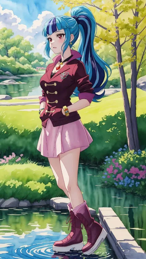 medium breasts,at a public park,watercolor \(medium\),masterpiece,HDR,intricate details,(anime painting:1.1),multicolored hair,<lora:mlp_sonatadusk-10:0.8>,mlpsonata,colored skin,blue skin,ponytail,jacket,skirt,boots,jewelry,bracelet,pond,(blush:0.7),