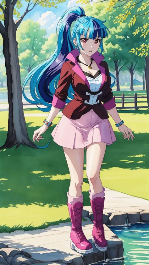medium breasts,at a public park,water,watercolor \(medium\),masterpiece,HDR,intricate details,(anime painting:1.1),multicolored hair,<lora:mlp_sonatadusk-10:0.8>, mlpsonata,colored skin,blue skin,ponytail,jacket,skirt,boots,jewelry,bracelet,