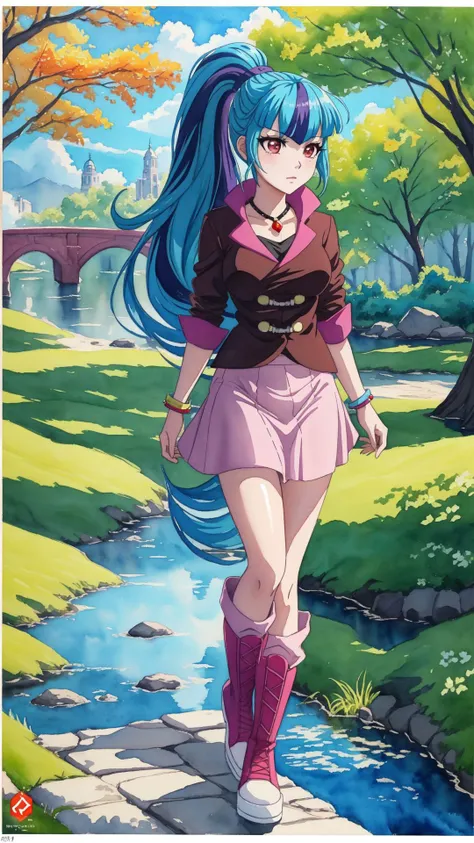 medium breasts,at a public park,water,watercolor \(medium\),masterpiece,HDR,intricate details,(anime painting:1.1),multicolored hair,<lora:mlp_sonatadusk-10:0.8>, mlpsonata,colored skin,blue skin,ponytail,jacket,skirt,boots,jewelry,bracelet,
